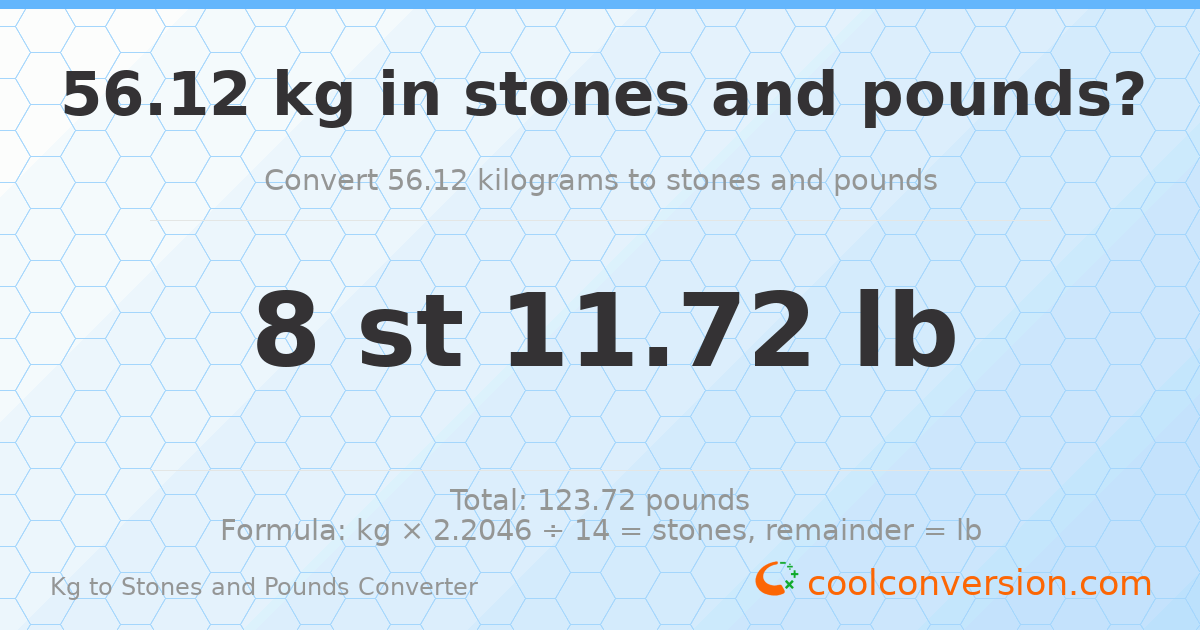56.12 kg to stones and pounds — 56.12 kg = 8 st 11.72 lb