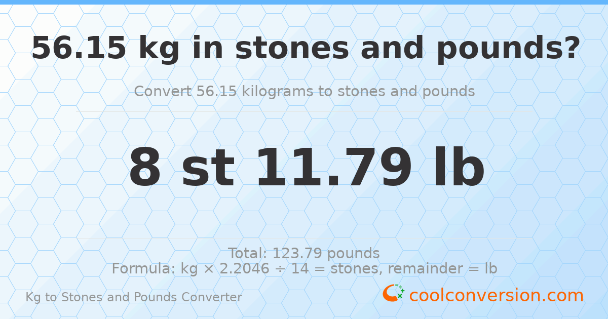 56.15 kg to stones and pounds — 56.15 kg = 8 st 11.79 lb