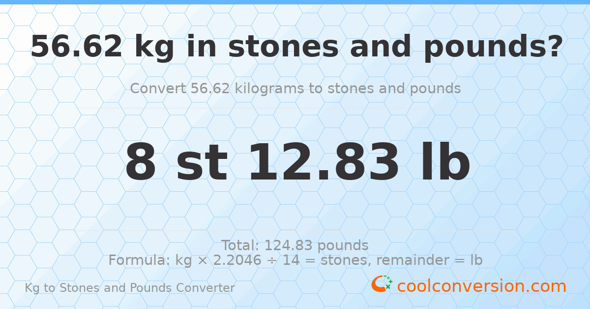 56.62 kg to stones and pounds — 56.62 kg = 8 st 12.83 lb