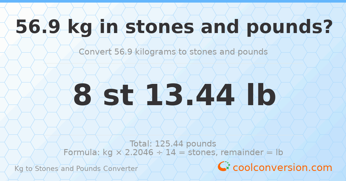 56.90 kg to stones and pounds — 56.90 kg = 8 st 13.44 lb