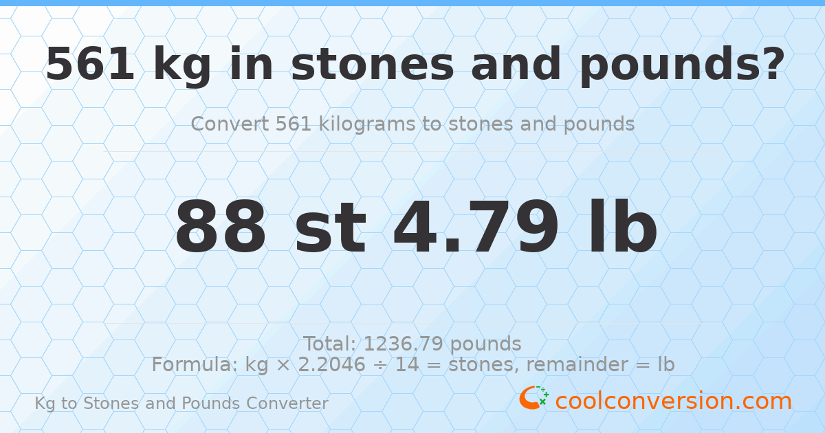 561 kg to stones and pounds — 561 kg = 88 st 4.79 lb