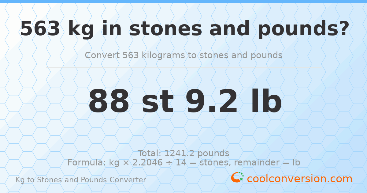 563 kg to stones and pounds — 563 kg = 88 st 9.20 lb