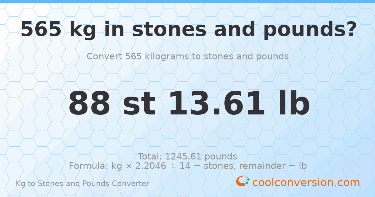 565 kg to stones and pounds — 565 kg = 88 st 13.61 lb