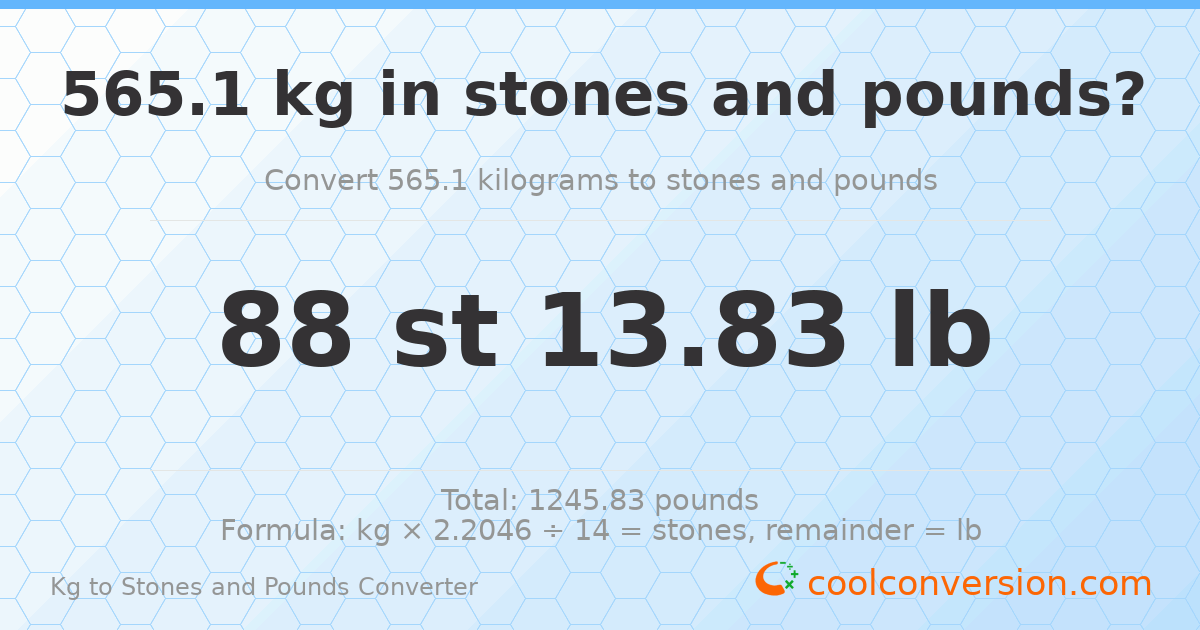 565.10 kg to stones and pounds — 565.10 kg = 88 st 13.83 lb