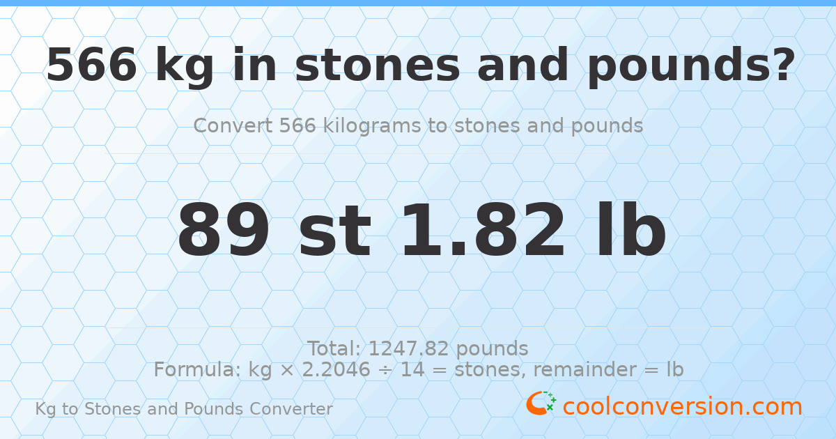 566 kg to stones and pounds — 566 kg = 89 st 1.82 lb
