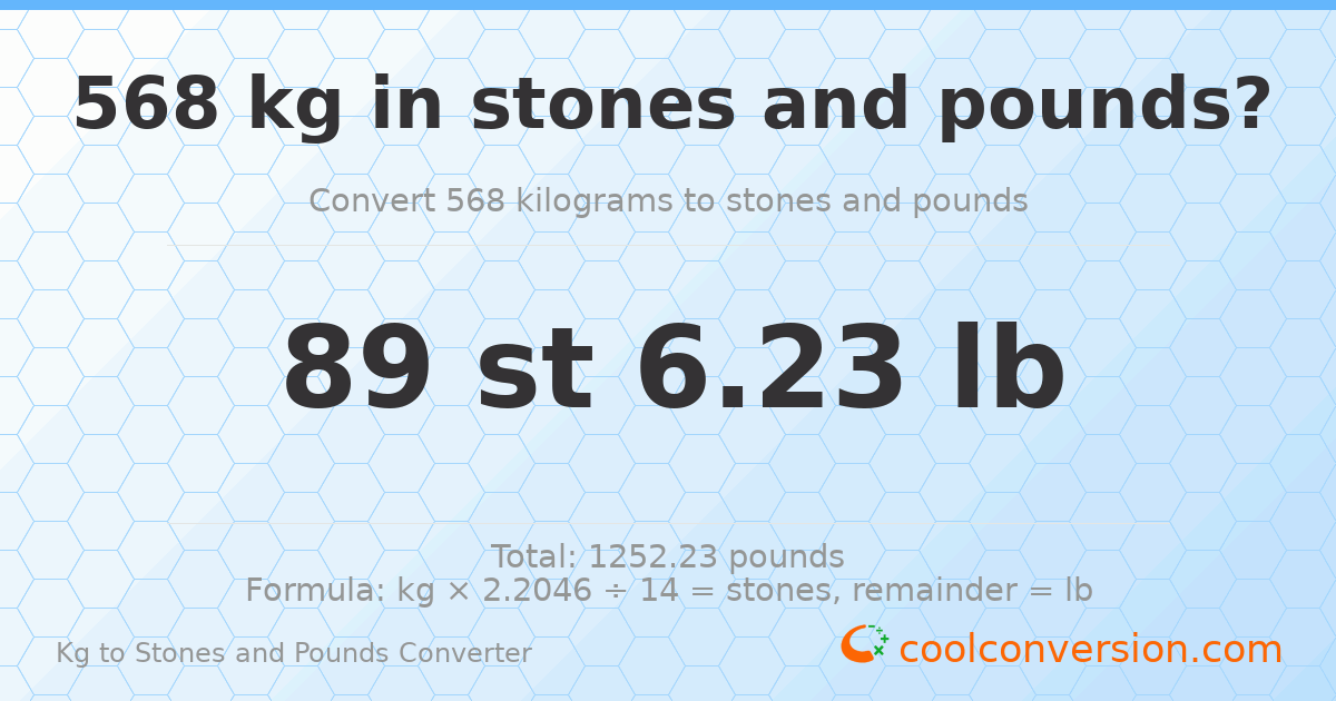568 kg to stones and pounds — 568 kg = 89 st 6.23 lb