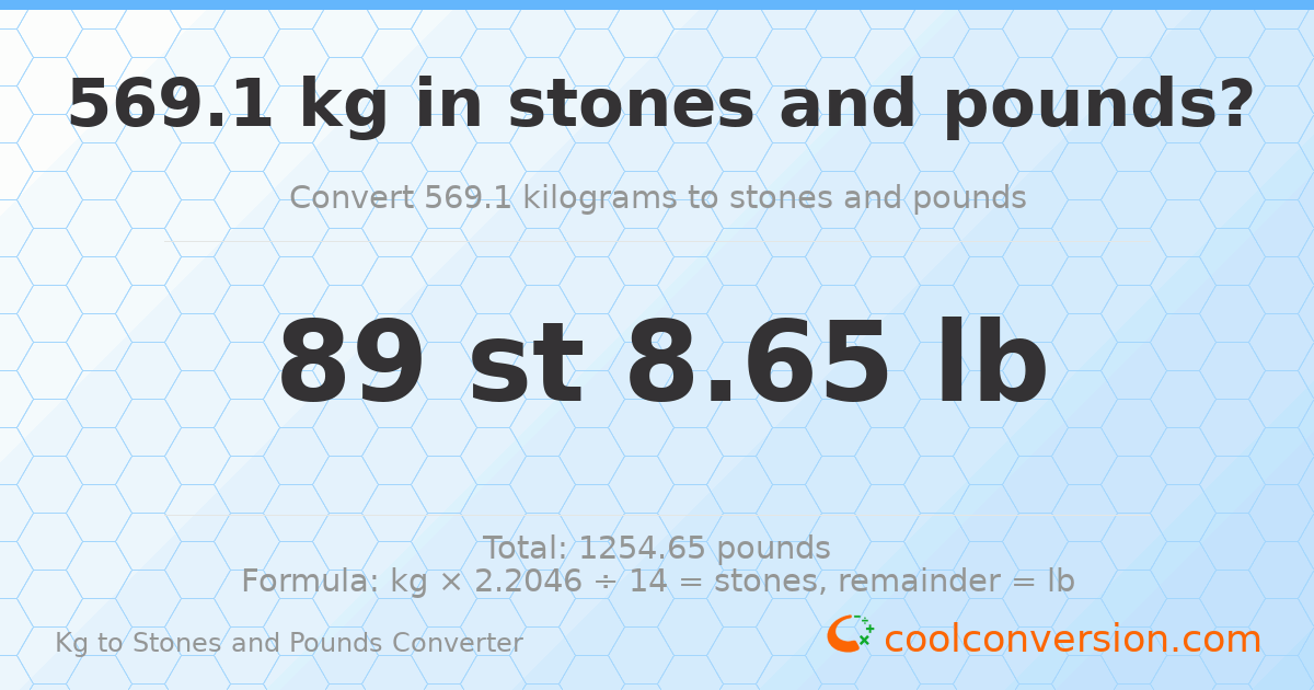 569.10 kg to stones and pounds — 569.10 kg = 89 st 8.65 lb