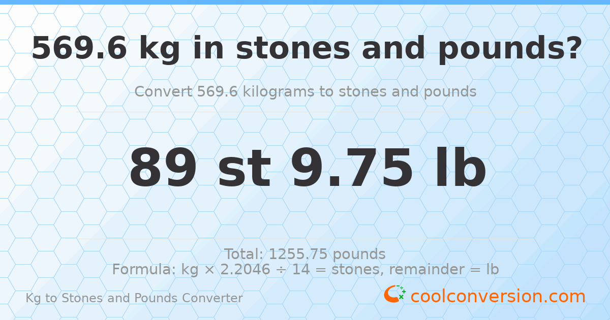 569.60 kg to stones and pounds — 569.60 kg = 89 st 9.75 lb