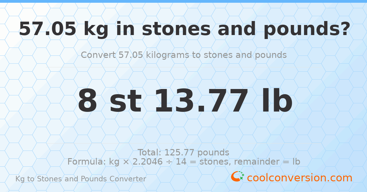 57.05 kg to stones and pounds — 57.05 kg = 8 st 13.77 lb