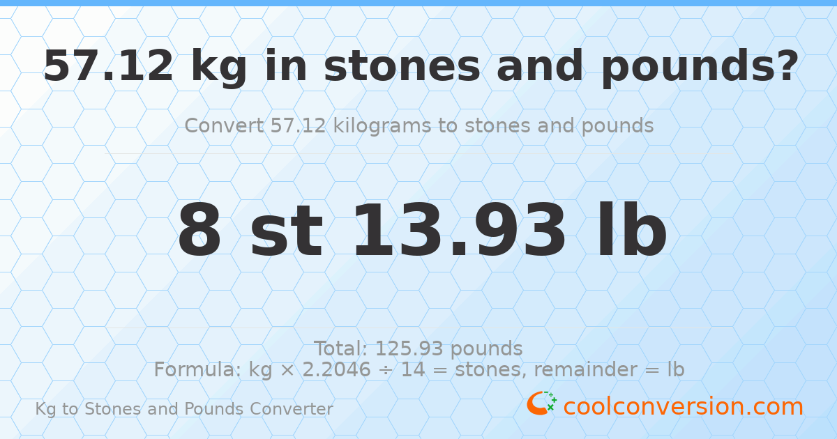 57.12 kg to stones and pounds — 57.12 kg = 8 st 13.93 lb