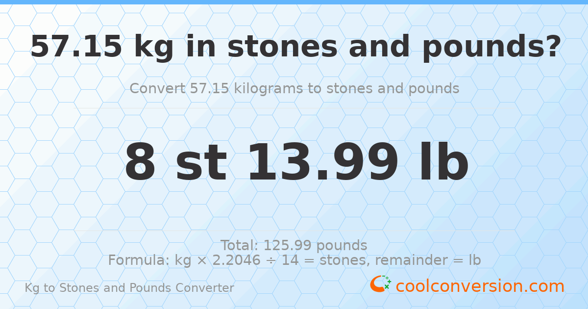 57.15 kg to stones and pounds — 57.15 kg = 8 st 13.99 lb