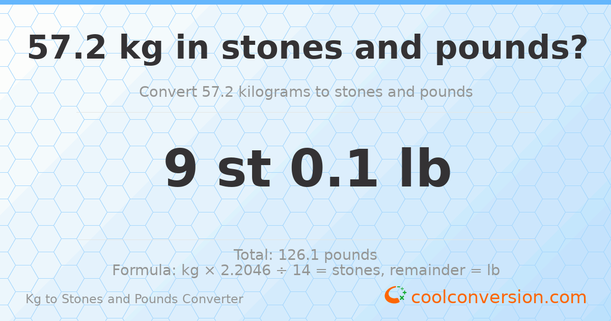 57.20 kg to stones and pounds — 57.20 kg = 9 st 0.10 lb