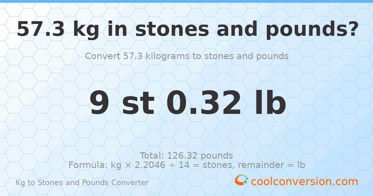 57.3 kg to stones and pounds — 57.3 kg = 9 st 0.32 lb