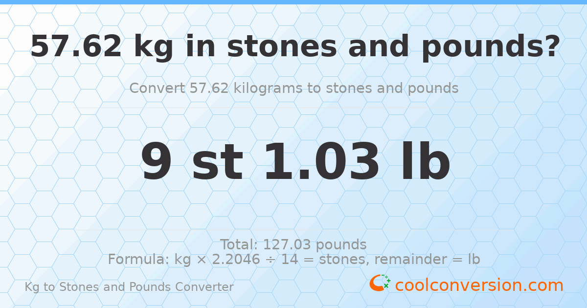 57.62 kg to stones and pounds — 57.62 kg = 9 st 1.03 lb