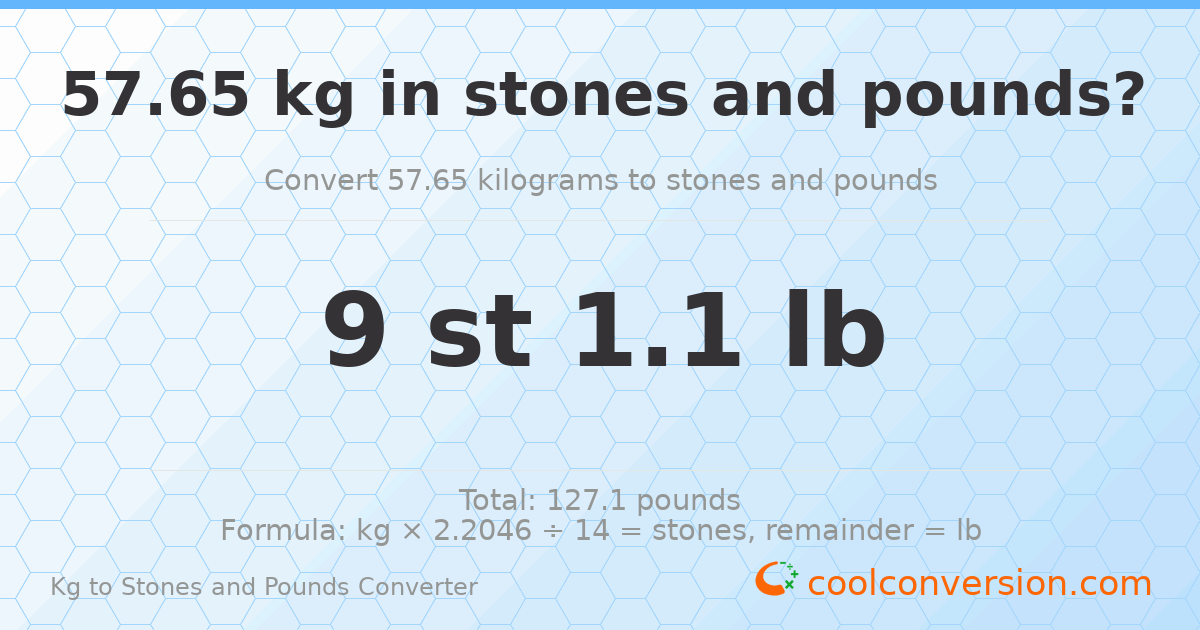 57.65 kg to stones and pounds — 57.65 kg = 9 st 1.10 lb