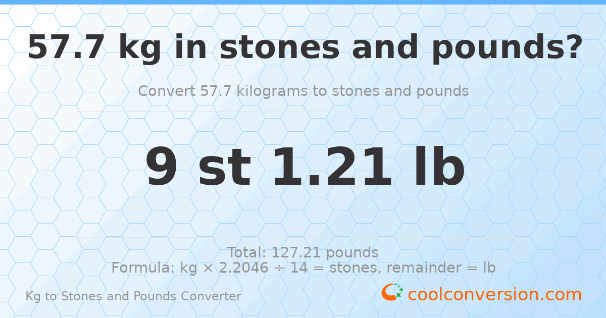 57.70 kg to stones and pounds — 57.70 kg = 9 st 1.21 lb