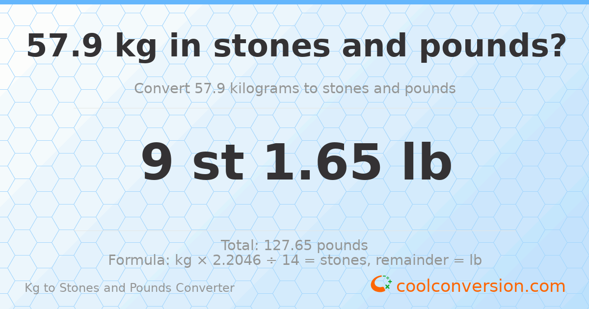 57.90 kg to stones and pounds — 57.90 kg = 9 st 1.65 lb