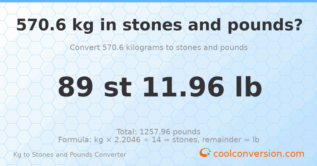 570.6 kg to stones and pounds — 570.6 kg = 89 st 11.96 lb