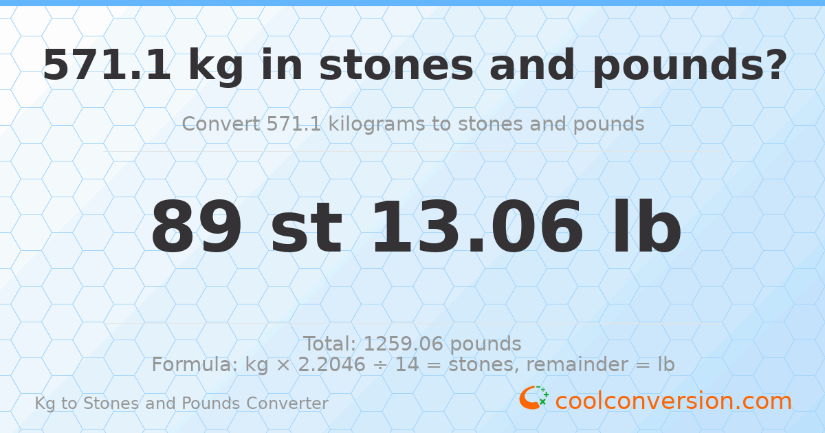 571.1 kg to stones and pounds — 571.1 kg = 89 st 13.06 lb