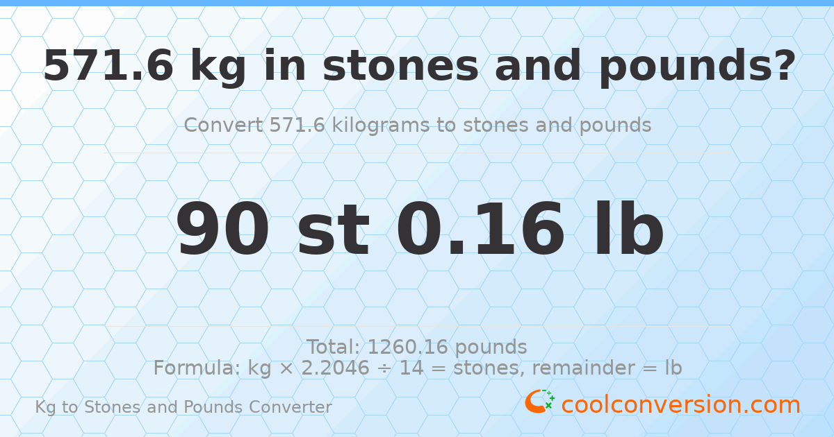 571.6 kg to stones and pounds — 571.6 kg = 90 st 0.16 lb