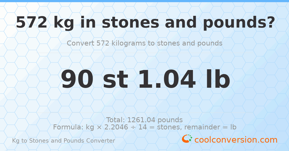 572 kg to stones and pounds — 572 kg = 90 st 1.04 lb