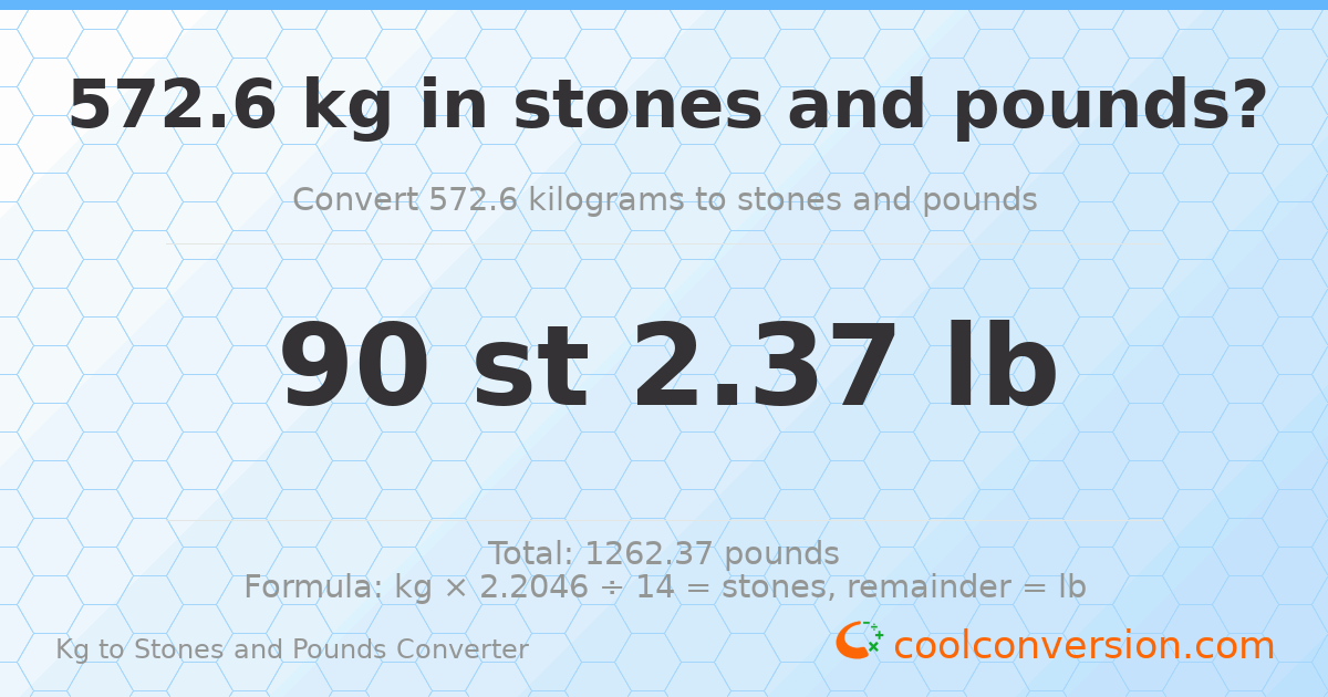 572.6 kg to stones and pounds — 572.6 kg = 90 st 2.37 lb