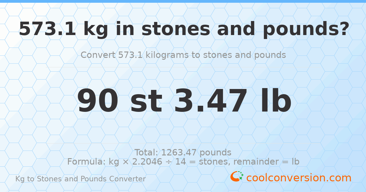 573.1 kg to stones and pounds — 573.1 kg = 90 st 3.47 lb