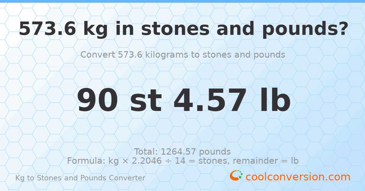 573.60 kg to stones and pounds — 573.60 kg = 90 st 4.57 lb