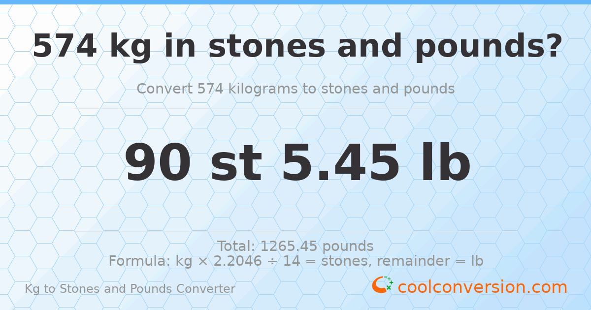 574 kg to stones and pounds — 574 kg = 90 st 5.45 lb