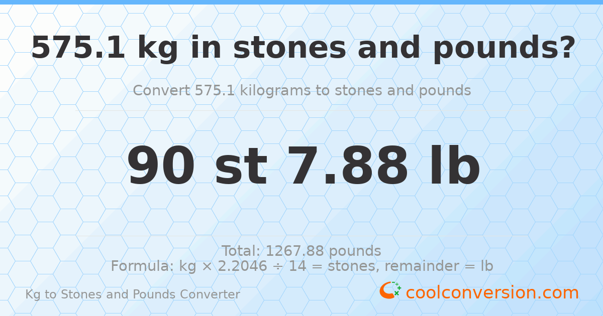 575.1 kg to stones and pounds — 575.1 kg = 90 st 7.88 lb
