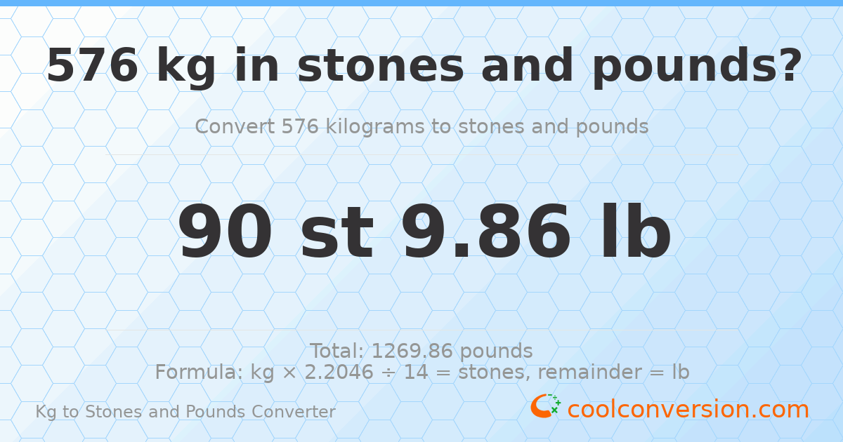 576 kg to stones and pounds — 576 kg = 90 st 9.86 lb