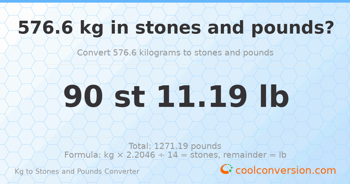 576.6 kg to stones and pounds — 576.6 kg = 90 st 11.19 lb