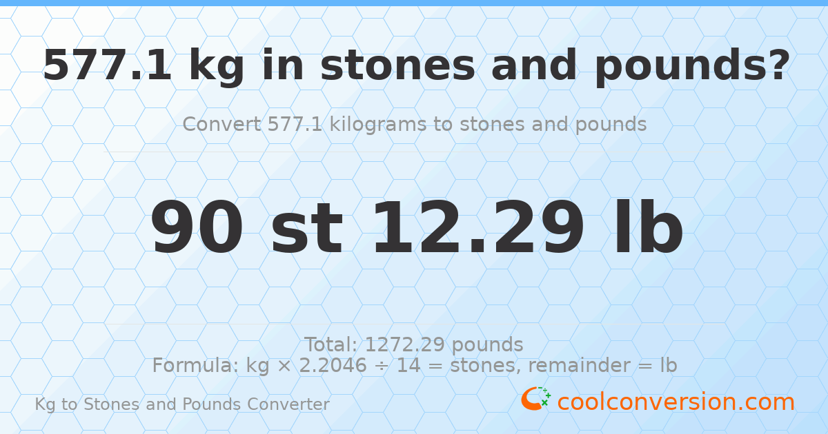 577.1 kg to stones and pounds — 577.1 kg = 90 st 12.29 lb