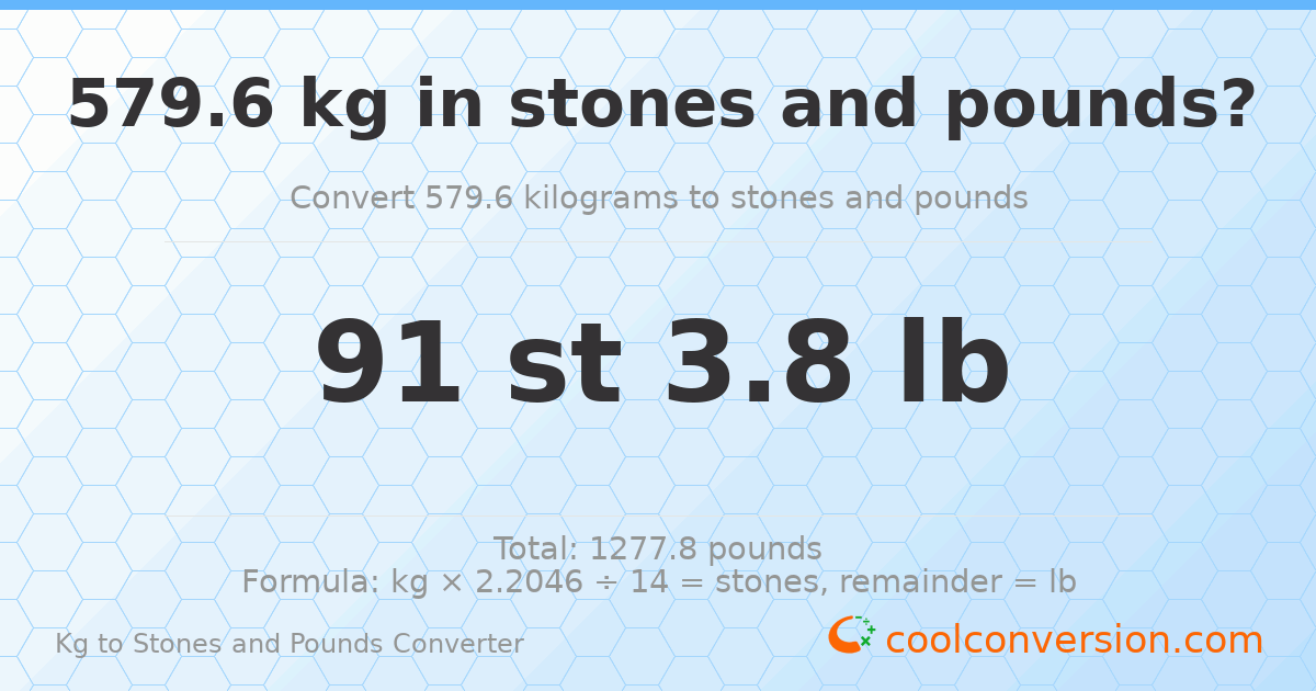 579.60 kg to stones and pounds — 579.60 kg = 91 st 3.80 lb