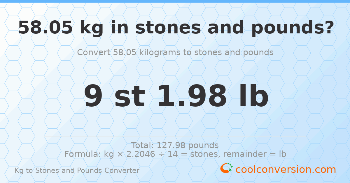 58.05 kg to stones and pounds — 58.05 kg = 9 st 1.98 lb