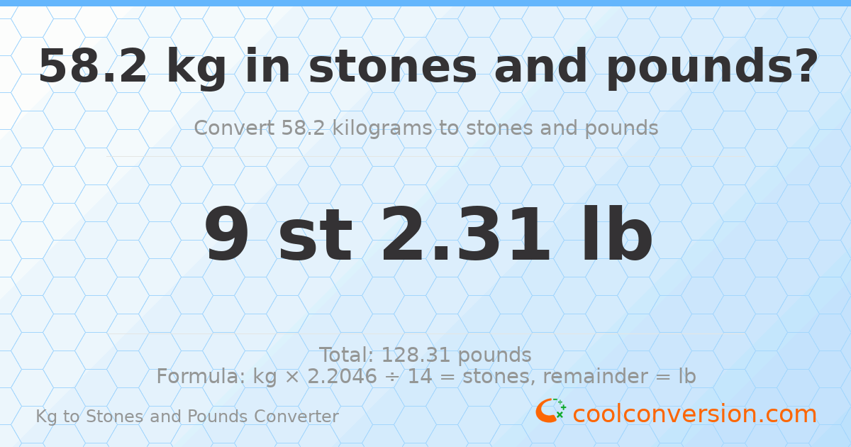 58.2 kg to stones and pounds — 58.2 kg = 9 st 2.31 lb
