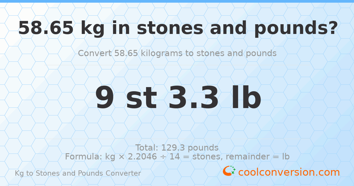 58.65 kg to stones and pounds — 58.65 kg = 9 st 3.30 lb