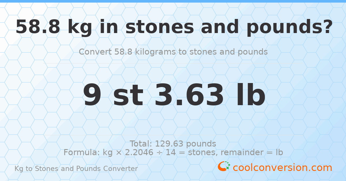 58.80 kg to stones and pounds — 58.80 kg = 9 st 3.63 lb