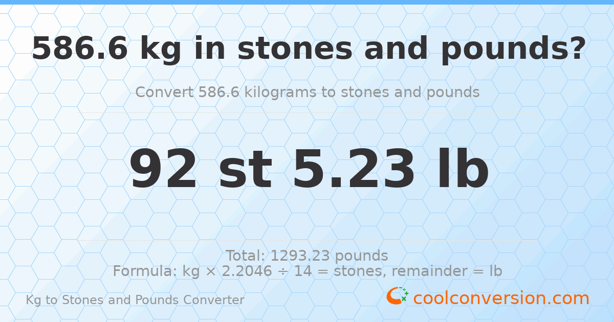 586.60 kg to stones and pounds — 586.60 kg = 92 st 5.23 lb