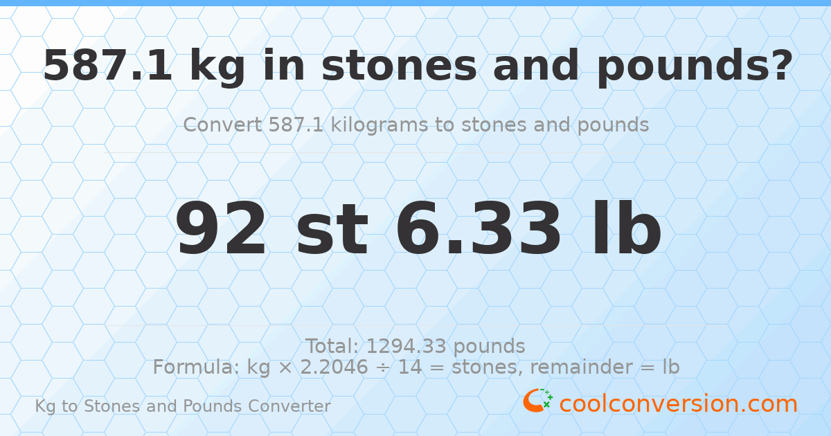 587.10 kg to stones and pounds — 587.10 kg = 92 st 6.33 lb