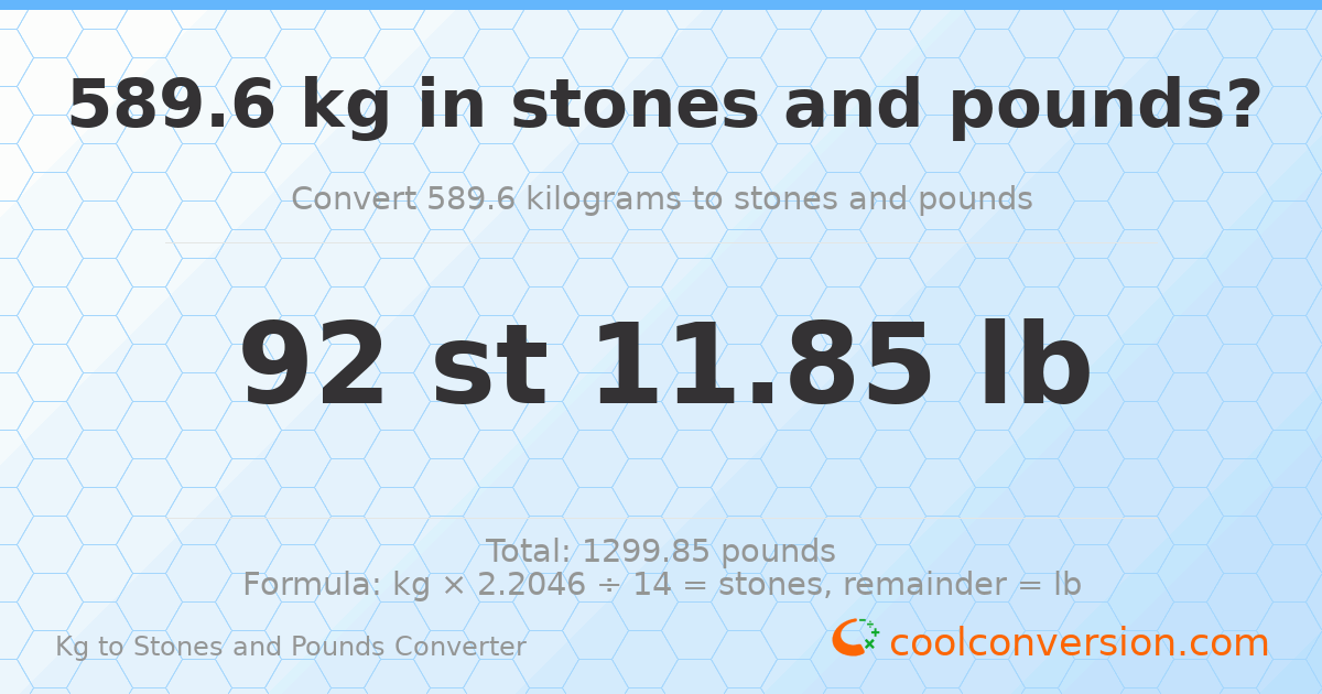 589.6 kg to stones and pounds — 589.6 kg = 92 st 11.85 lb
