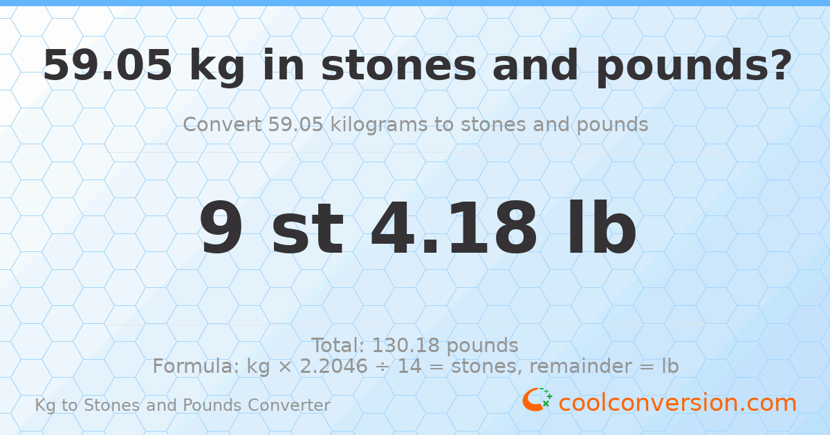 59.05 kg to stones and pounds — 59.05 kg = 9 st 4.18 lb