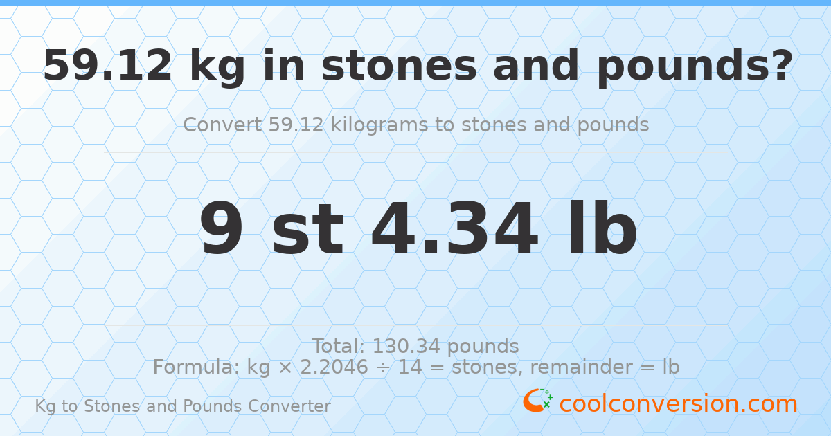 59.12 kg to stones and pounds — 59.12 kg = 9 st 4.34 lb