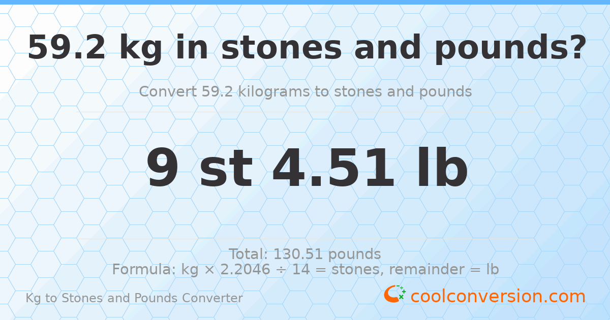 59.20 kg to stones and pounds — 59.20 kg = 9 st 4.51 lb