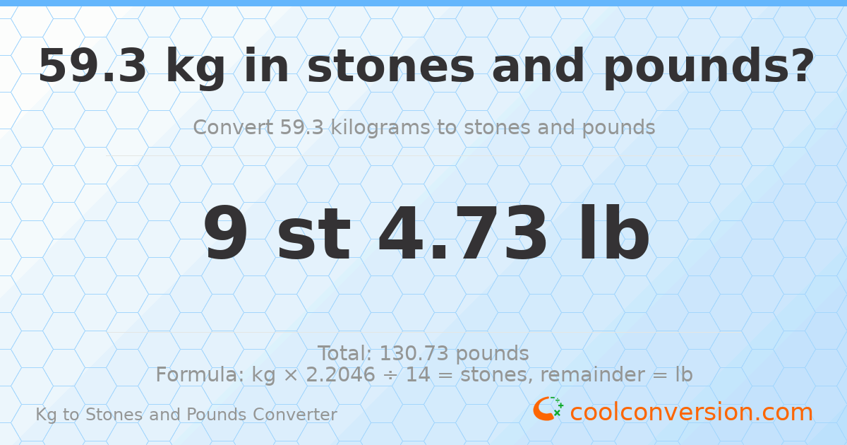 59.30 kg to stones and pounds — 59.30 kg = 9 st 4.73 lb