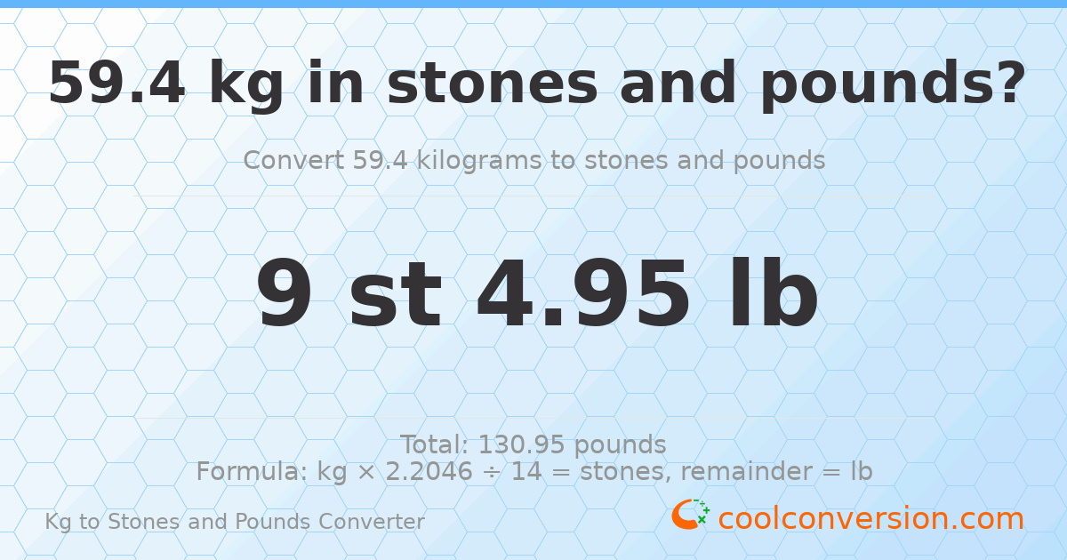 59.40 kg to stones and pounds — 59.40 kg = 9 st 4.95 lb