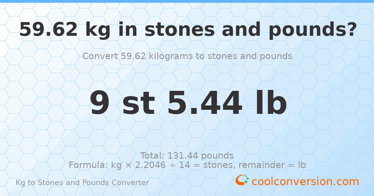 59.62 kg to stones and pounds — 59.62 kg = 9 st 5.44 lb