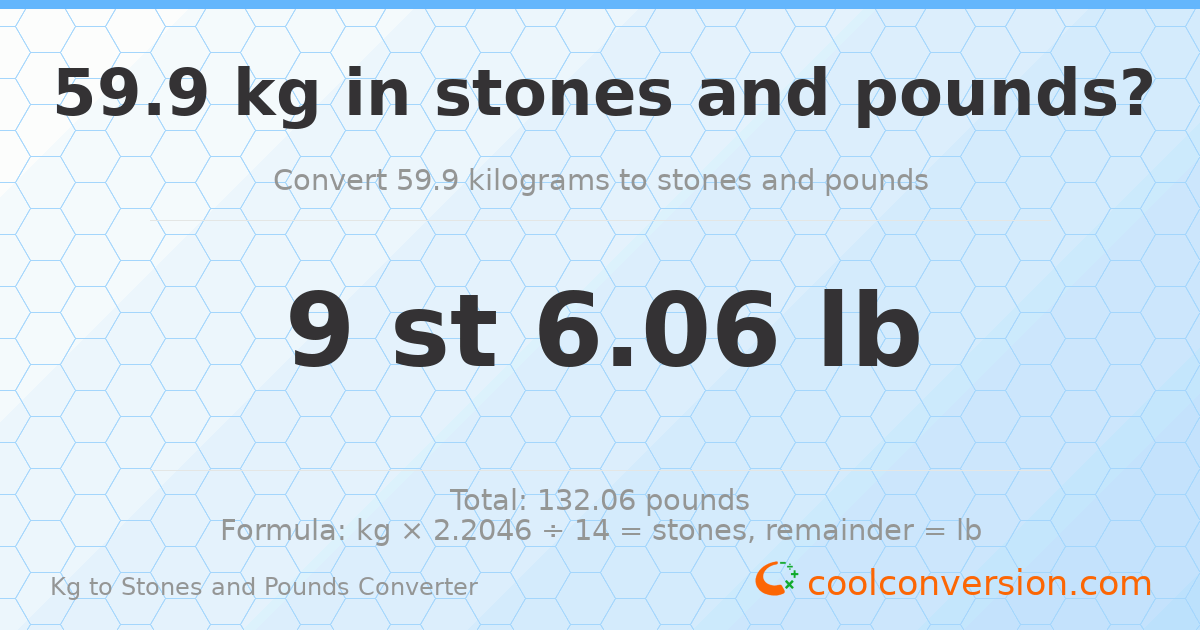 59.90 kg to stones and pounds — 59.90 kg = 9 st 6.06 lb