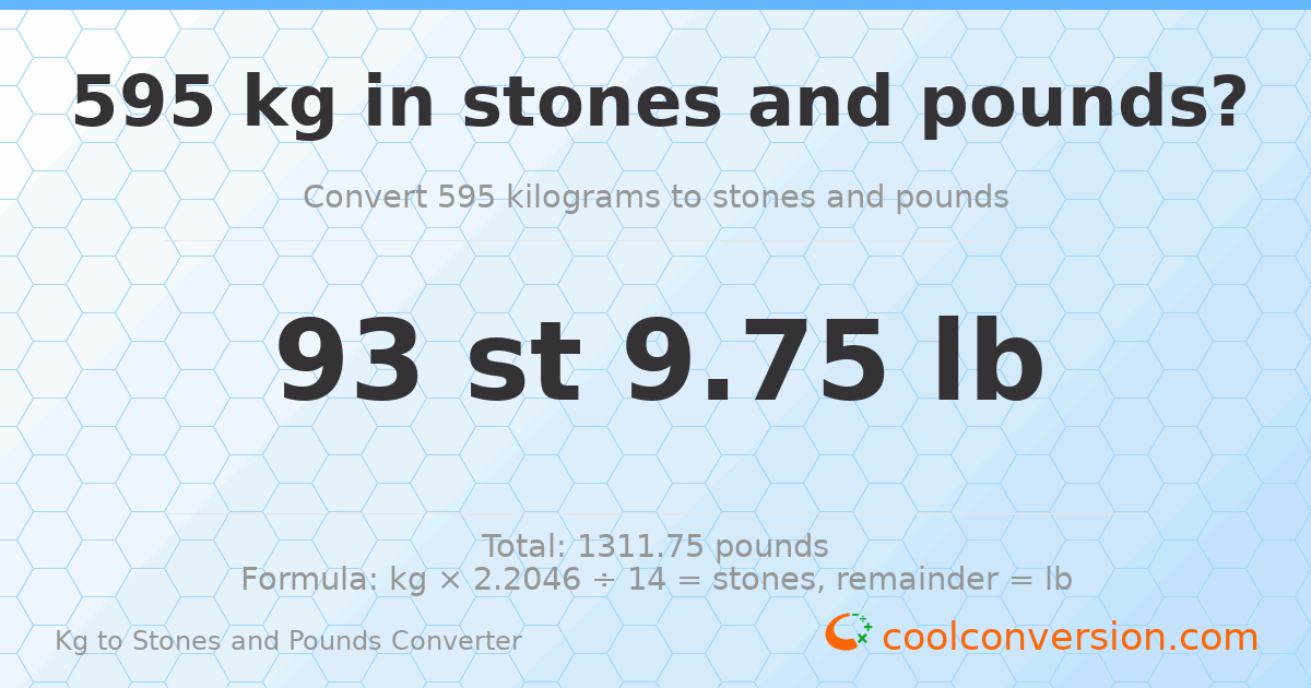 595 kg to stones and pounds — 595 kg = 93 st 9.75 lb