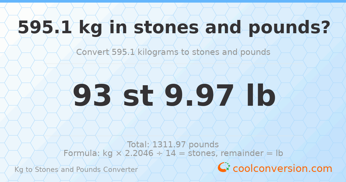 595.1 kg to stones and pounds — 595.1 kg = 93 st 9.97 lb